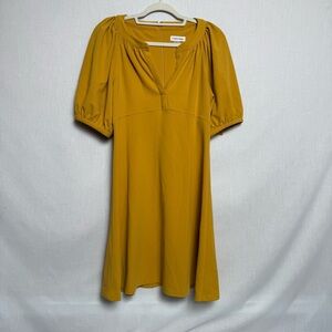 Calvin Klein Dress Size 10 Mustard Yellow Puff Sleeve Fit Flare Knee Length